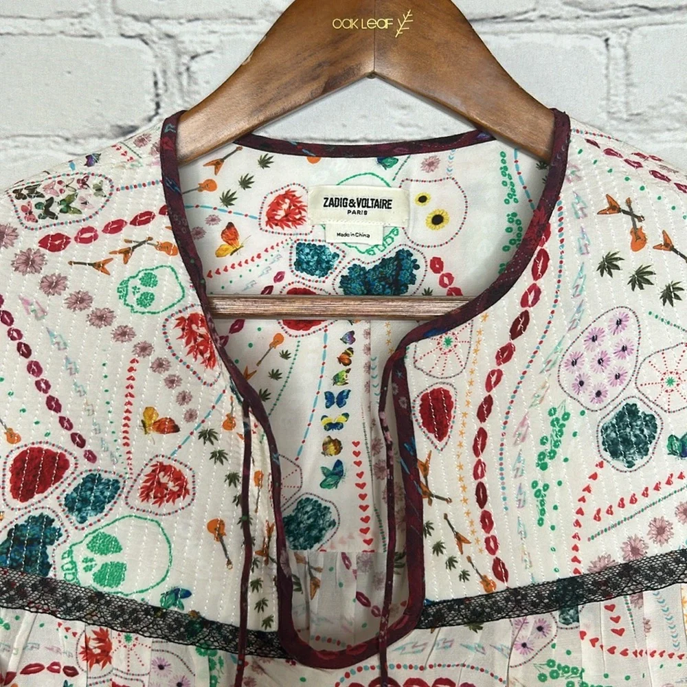 Zadig & Voltaire Paris Cream Paisley Black Lace Long Sleeve Blouse Size X-Small